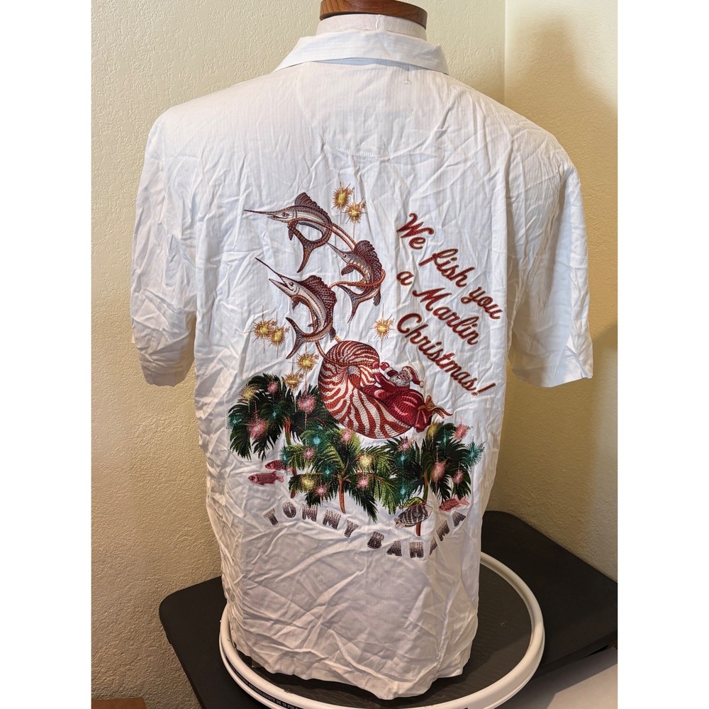 Tommy Bahama Mens We Fish You A Marlin Christmas Embroidered Camp Shirt Cream